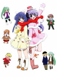  2boys 6+girls :d absurdres animal_ears back-to-back blonde_hair blue_hair blunt_bangs blush_stickers boots bow brown_hair cat_ears cat_tail chibi chibi_inset coat dress earmuffs furude_rika green_coat green_hair hands_in_pockets hanyuu hat highres higurashi_no_naku_koro_ni holding_hands horns houjou_satoko houjou_satoshi long_hair maebara_keiichi mittens multiple_boys multiple_girls no_nose one_eye_closed padded_vest pink_boots pink_bow pink_hat pink_mittens purple_hair red_scarf ryuuguu_rena sakai_kyuuta scarf shared_clothes shared_scarf shorts simple_background skirt smile snowman sonozaki_mion sonozaki_shion standing standing_on_one_leg striped_clothes striped_scarf tail very_long_hair violet_eyes white_background white_boots 