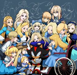  1boy 6+girls :d :o absurdres ace_attorney aged_down alice's_adventures_in_wonderland alice_(alice_in_wonderland) alice_(black_souls) alice_margatroid alps_no_shoujo_heidi animal_ears animal_nose apron armie_buff artoria_pendragon_(fate) black_fur black_gloves black_pants black_shorts black_souls blonde_hair blue_bow blue_bowtie blue_dress blue_eyes blue_hairband blue_jacket blue_pajamas blush body_fur bow bowtie braid brooch brown_helmet carrying character_request check_character child closed_mouth color_connection commentary crossed_arms crossover crown crown_braid diana_(pragmata) dress earrings elbow_gloves elsa_(frozen) english_commentary eyelashes eyeshadow fate/stay_night fate_(series) frozen_(disney) furry furry_male gloves goggles green_eyes hair_between_eyes hair_bow hair_color_connection hair_ornament hair_over_one_eye hair_ribbon hairband hand_on_own_cheek hand_on_own_face hands_on_own_hips hedgehog_boy helmet highres jacket jewelry kaiyuki04 klara_sesemann lavenza_(persona_5) long_hair long_sleeves looking_at_another makeup maria_robotnik marnie_(omoide_no_marnie) medium_hair multiple_girls multiple_views off-shoulder_dress off_shoulder omoide_no_marnie on_wheelchair open_mouth own_hands_together pajamas pants parted_lips persona persona_5 phoenix_wright:_ace_attorney_-_spirit_of_justice piggyback pink_sash plaid_clothes plaid_vest pleated_skirt pointy_ears pragmata princess_zelda puffy_short_sleeves puffy_sleeves purple_eyeshadow rabbit_hair_ornament red_eyes red_fur red_hairband red_ribbon resident_evil resident_evil_2 resident_evil_2_(remake) ribbon rosalina saber_(fate) sad sash shadow_the_hedgehog sherry_birkin shirt shoes short_hair short_sleeves shorts sidelocks sitting skirt smile sonic_(series) standing star_(symbol) star_earrings super_mario_bros. tears the_legend_of_zelda the_legend_of_zelda:_breath_of_the_wild touhou vest violet_evergarden violet_evergarden_(series) violet_eyes wheelchair white_gloves white_shirt white_shoes world_masterpiece_theater yellow_eyes 