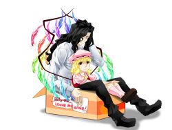  1boy 1girl ascot black_hair black_pants black_shoes blonde_hair box cardboard_box collared_shirt crossover crystal english_text flandre_scarlet hair_over_one_eye hand_in_own_hair hat hat_ribbon in_container looking_at_another looking_up m.u.g.e.n medium_hair michael_roa_valdamjong mikan_box mob_cap multicolored_wings nagatuki-lime pale_skin pants pink_hat pink_socks red_eyes red_shoes red_vest ribbon scratching_head shirt shoes short_sleeves simple_background sitting socks trait_connection vampire vest wavy_hair white_shirt wings yellow_ascot 