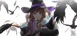  1girl aqua_eyes arms_up bird black_feathers black_hat black_robe brown_choker brown_hair buttons choker commentary_request crow falling_feathers feathers floating_hair flock frilled_sleeves frills hair_over_shoulder hand_on_headwear hat highres iro_(26136210) long_hair long_sleeves looking_at_viewer nijisanji open_clothes open_mouth open_robe robe simple_background solo upper_body virtual_youtuber watermark white_background wide_brim witch_hat yokaze_yui 