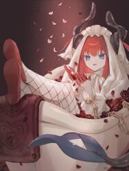  1girl aopix_001 bathtub blue_eyes chain commentary_request curled_horns dragon_girl dragon_horns dragon_tail dress elizabeth_bathory_(fate) elizabeth_of_the_end_(fate) falling_petals fate/grand_order fate_(series) fishnet_pantyhose fishnets flower highres horns in_bathtub long_hair looking_at_viewer maid_headdress official_alternate_costume open_mouth pantyhose petals red_flower red_hair red_rose rose rose_petals shoe_soles shoes smile solo tail 