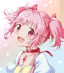  1girl :d absurdres blush bow bow_choker choker commentary_request gradient_background hair_bow highres kaname_madoka kaname_madoka_(magical_girl) looking_at_viewer magical_girl mahou_shoujo_madoka_magica mahou_shoujo_madoka_magica_(anime) open_mouth pink_bow pink_eyes pink_hair polonht portrait puffy_short_sleeves puffy_sleeves red_choker short_hair short_sleeves short_twintails smile solo twintails 
