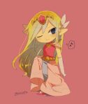  1girl artist_name belt blonde_hair blue_eyes blush dress floating_hair full_body gloves jewelry long_hair multicolored_hair necklace one_eye_closed parted_lips pink_dress princess_zelda the_legend_of_zelda the_legend_of_zelda:_spirit_tracks the_legend_of_zelda:_the_wind_waker tiara tokuura 