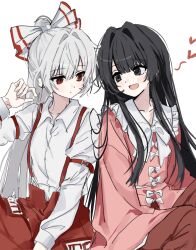  2girls black_eyes black_hair blush bow bowtie closed_mouth collared_shirt commentary ebuna eye_contact frilled_shirt_collar frills fujiwara_no_mokou grey_hair hair_bow heart highres houraisan_kaguya long_hair long_skirt long_sleeves looking_at_another multiple_girls ofuda ofuda_on_clothes open_mouth pants pink_shirt ponytail red_eyes red_pants red_skirt shirt simple_background skirt smile suspenders touhou very_long_hair white_background white_bow white_bowtie white_shirt wide_sleeves 