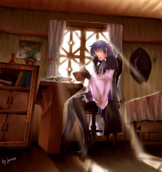  1girl artist_name bed black_gloves black_shawl black_thighhighs blue_eyes blue_hair book chair commentary_request curtains fantasy full_body gloves hair_between_eyes hat holding holding_book indoors light_rays long_hair long_sleeves morning on_chair one_eye_closed open_book open_mouth original purple_skirt reading rubbing_eyes shawl sitting skirt sunlight thigh-highs unworn_hat unworn_headwear wide_sleeves window wispy_bangs witch witch_hat wooden_ceiling wooden_chair wooden_floor wooden_wall xiacheng_tatsuya 