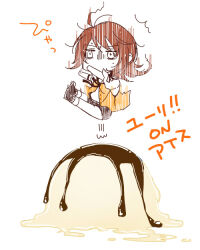  1girl ^^^ aglio black_shoes black_shorts brown_hair chibi chibi_only chocolate commentary_request falling fatal_frame fatal_frame:_maiden_of_black_water food hands_up ice_cream invisible_chair kozukata_yuuri long_hair looking_ahead midair motion_lines no_mouth orange_shirt outstretched_arms oversized_food oversized_object puff_of_air pun shirt shoes short_sleeves shorts simple_background sitting sleeveless sleeveless_shirt solo speed_lines sweat translated v-shaped_eyebrows white_background white_shirt 