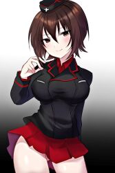 1girl airi_(akamichiaika) arm_behind_back birthday black_jacket blush breasts brown_eyes brown_hair commentary_request cowboy_shot girls_und_panzer gradient_background happy_birthday hat jacket kuromorimine_military_uniform large_breasts looking_at_viewer military military_hat military_jacket military_uniform monkey_ears monkey_girl nishizumi_maho red_shirt shirt short_hair smile solo