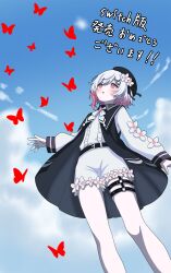  1girl belt beret black_coat black_hat bug butterfly center_frills clouds coat collared_coat commentary cowboy_shot flower flower-trimmed_shorts flower-trimmed_sleeves frills from_below gradient_hair hair_flower hair_ornament hat hat_flower hat_ribbon highres long_sleeves mahou_shoujo_no_majo_saiban michinoku_re multicolored_hair neck_ribbon o-ring o-ring_thigh_strap pants pink_eyes pink_hair red_butterfly ribbon sakuraba_ema shirt short_hair shorts sky sleeveless sleeveless_coat solo thigh_strap translation_request untranslatable_commentary white_flower white_hair white_pants white_ribbon white_shirt white_shorts white_sleeves x_hair_ornament 