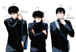  ... 3boys bag black_hair black_pants buttons closed_mouth commentary_request crossbody_bag crossed_arms crossover drink_carton fushiguro_megumi gakuran haikyuu!! hand_in_pocket hand_on_own_shoulder height height_difference highres holding holding_drink_carton holding_juice_box juice_box jujutsu_kaisen jujutsu_tech_uniform kageyama_tobio korean_commentary korean_text looking_at_viewer looking_to_the_side male_focus messy_hair multiple_boys orang_0182 pants rukawa_kaede school_bag school_uniform short_hair shoulder_bag simple_background slam_dunk_(series) speech_bubble spiky_hair spoken_ellipsis straight-on thought_bubble translation_request white_background 