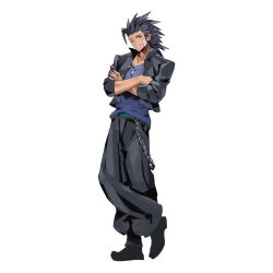  1boy absurdres bandaid bandaid_on_cheek bandaid_on_face black_hair black_jacket black_pants blue_eyes blue_shirt collarbone crossed_arms delinquent final_fantasy final_fantasy_vii final_fantasy_vii:_ever_crisis fujise_lisa full_body gakuran highres jacket jewelry looking_at_viewer male_focus necklace official_alternate_costume official_art one_eye_closed pants school_uniform shirt short_hair smile solo spiky_hair square_enix standing wallet_chain white_background zack_fair zack_fair_(midgard_seventh_high_school) 