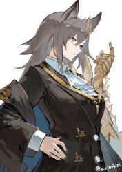  1girl absurdres animal_ears arknights armor ascot asinohizi black_jacket brown_hair brown_nails closed_mouth commentary fingernails gauntlets gold_armor hair_between_eyes hand_on_own_hip highres jacket jewelry long_hair long_sleeves looking_ahead nail_polish one-hour_drawing_challenge penance_(arknights) ring simple_background single_gauntlet solo twitter_username upper_body watermark white_ascot white_background yellow_eyes 
