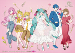 2boys 4girls :d aqua_eyes aqua_flower aqua_hair aqua_shoes artist_name black_ribbon black_shoes blonde_hair blue_eyes blue_hair blue_jacket blue_nails blue_pants blue_shoes bow bowtie braid brown_eyes brown_hair brown_shoes brown_shorts brown_skirt closed_mouth commentary_request company_name copyright_notice dress fingernails flower frilled_dress frills full_body green_hairband grey_shirt grin hair_flower hair_ornament hair_ribbon hairband hand_on_own_hip hatsune_miku holding holding_flower holding_own_skirt jacket kagamine_len kagamine_rin kaito kaito_(vocaloid) logo medium_hair megurine_luka meiko meiko_(vocaloid) multiple_boys multiple_girls nail_polish official_art omutatsu open_clothes open_jacket pants pink_background pink_flower pink_hair red_dress red_nails ribbon second-party_source see-through_clothes see-through_dress shirt shoes short_hair shorts skirt smile socks teeth toenail_polish toenails toes twintails vocaloid web_address white_dress white_flower white_pants white_shirt white_shoes white_socks x_hair_ornament yellow_bow yellow_bowtie yellow_flower yellow_shoes