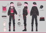  backwards_hat belt black_footwear boots chain hat headphones headphones_around_neck highres hololive hololive_english hood hoodie jacket jewelry mori_calliope nail_polish official_art red_belt reference_sheet ring torn_clothes torn_legwear virtual_youtuber yukisame 