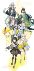  2boys 4girls absurdres animal_ears arcane_(arknights) arknights arknights:_endfield bag balloon bird_ears bird_girl black_hair black_pants black_pantyhose black_skirt blue_eyes camille_(arknights) closed_mouth copyright_logo copyright_notice dragon_bean_(arknights) dragon_girl dragon_horns dragon_tail dress eastern_dragon_horns eastern_dragon_tail endministrator_(arknights) facial_mark female_endministrator_(arknights) fishnet_thighhighs fishnets forehead_mark full_body green_eyes green_hair grey_hair grey_jacket halo head_wings highres holding holding_bag horns jacket liquid_halo logo long_hair male_endministrator_(arknights) multicolored_hair multiple_boys multiple_girls no_mask official_alternate_costume open_clothes open_jacket pants pantyhose pointy_ears red_hair red_horns ruoganzhao short_hair single_thighhigh skirt socks spiked_halo stairs standing tail tanemaki_monaka thigh-highs too_many_balloons white_dress white_socks wings yellow_jacket zhuang_fangyi_(arknights) 