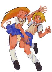  1boy 1girl blonde_hair blue_eyes blue_skirt commentary_request crossdressing crossdressing_(mtf) full_body ganguro green_eyes gyaru gyaru_makeup highres james_(pokemon) jessie_(pokemon) kogal looking_at_viewer makeup one_eye_closed orange_hair pokemon pokemon_(anime) pokemon_(classic_anime) skirt tan team_rocket umebosibakari2 white_background 
