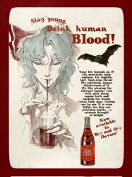  1girl 320tbsyc bat_(animal) blue_hair border collared_shirt commentary cup drinking drinking_blood drinking_glass drinking_straw drinking_straw_in_mouth english_text fingernails frilled_shirt_collar frills glass_bottle hat hat_ribbon highres long_fingernails mob_cap pink_hat pointy_ears red_border red_eyes remilia_scarlet ribbon sharp_fingernails shirt smile solo touhou vampire 