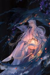  1boy ao_bing_(nezha_zhi_motong_jiangshi) ao_guang_(nezha_zhi_motong_jiangshi) blue_eyes blue_hair chinese_clothes collarbone commentary_request dragon dragon_horns flower foxglove highres holding holding_lantern horns lantern long_hair looking_at_viewer male_focus nezha_zhi_motong_jiangshi orange_flower parted_lips purple_flower red_eyes shi_ruo_ke_zhi very_long_hair water 