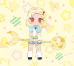  1girl angol_mois blonde_hair brown_eyes cardigan commentary_request full_body hair_ornament hairclip keroro_gunsou kikuchi_milo looking_at_viewer necktie school_uniform shirt shoes short_hair simple_background skirt socks solo weapon wristband yellow_background 