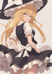  1girl absurdres apron back_bow black_hat black_skirt black_vest blonde_hair bow braid breasts commentary frilled_skirt frills hair_bow hat hat_bow highres kirisame_marisa long_hair looking_at_viewer medium_breasts puffy_short_sleeves puffy_sleeves short_sleeves side_braid single_braid skirt solo tinatama touhou very_long_hair vest waist_apron white_apron white_bow witch_hat yellow_eyes 