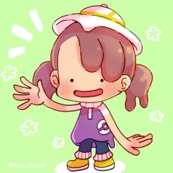  ._. 1girl :d black_pants blush brown_hair chibi commission female_protagonist_(pokemon_pokopia) full_body green_background hat kou_hiyoyo notice_lines pants pokemon pokemon_pokopia purple_shirt shadow shirt shoes short_sleeves skeb_commission smile solo standing twintails white_hat yellow_shoes 