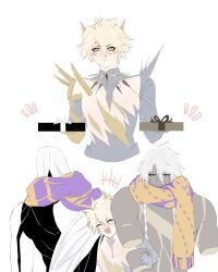  +++ 1other 2boys :< ^_^ abs absurdres animal_ear_fluff animal_ears armor black_bodysuit black_ribbon blonde_hair blush bodysuit box braid cape cat_ears closed_eyes closed_mouth collarbone commentary covered_mouth cracked_skin dark_skin eliice131 english_commentary fang gauntlets gift gift_box hair_between_eyes half-closed_eyes hands_up happy height_difference highres holding holding_box honkai:_star_rail honkai_(series) kemonomimi_mode long_hair long_hair_between_eyes looking_at_another looking_at_viewer looking_up low-braided_long_hair low-tied_long_hair male_focus multiple_boys multiple_views muscular muscular_male nanook_(honkai:_star_rail) notice_lines open_mouth other_focus pauldrons pectorals phainon_(honkai:_star_rail) phainon_(khaslana)_(honkai:_star_rail) purple_scarf ribbon scarf short_hair shoulder_armor simple_background single_gauntlet single_pauldron skin_fang smile tongue twin_braids upper_body very_long_hair white_background white_cape white_hair white_ribbon yellow_eyes yellow_scarf zephyro 