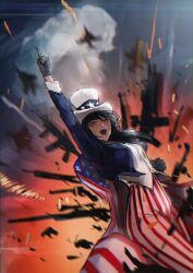  1girl aircraft airplane american_flag american_flag_print black_gloves black_hair blue_jacket cape chainsaw_man cosplay cross_scar explosion explosion_background eyelashes fighter_jet finger_gun firing flag_print gloves gun highres jacket long_hair long_sleeves lunnavrmlln machine_gun military_vehicle multiple_weapons open_mouth pants red_eyes ringed_eyes scar scar_on_cheek scar_on_face scar_on_nose shirt smile star_(symbol) star_print striped_clothes striped_pants teeth tongue uncle_sam uncle_sam_(cosplay) uncle_sam_tophat weapon white_shirt yoru_(chainsaw_man) 