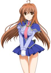  1girl 2000s_(style) ahoge blue_capelet blue_shirt blue_skirt breasts brown_eyes brown_hair capelet closed_mouth expressionless game_asset gloves large_variant_set long_hair mahou_senshi_(series) mahou_senshi_symphonic_knights miniskirt necktie non-web_source official_art pink_necktie saitou_natsuki self-datamine shirt simple_background skirt solo tachi-e thigh_gap transparent_background v_arms variant_set white_gloves yurise_ririna 
