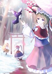  3girls absurdres bare_tree bird bird_request bird_tail bird_wings blonde_hair blue_eyes blue_vest boots brown_boots capelet commentary_request frilled_capelet frilled_hat frilled_skirt frilled_sleeves frills green_hair hair_bobbles hair_ornament hat highres holding holding_scythe holding_snowball holding_umbrella leg_up long_sleeves multicolored_hair multiple_girls niwatari_kutaka oil-paper_umbrella onozuka_komachi open_mouth orange_skirt outdoors pink_umbrella red_capelet red_eyes red_hair ribbon-trimmed_skirt ribbon-trimmed_sleeves ribbon_trim scarf scythe shiki_eiki shirt short_hair skirt snow snowball solo_focus standing standing_on_one_leg tail torii touhou tree two-tone_hair two_side_up umbrella vest white_scarf white_shirt wide_sleeves wings winter winter_clothes xing_ning yellow_wings 