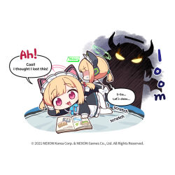  :3 animal_ear_headphones animal_ears apron blonde_hair blue_archive book bow character_name chibi commentary donmin_h dress english_commentary english_text fake_animal_ears hair_bow halo headphones long_sleeves lying maid_apron medium_hair midori_(blue_archive) midori_(maid)_(blue_archive) momoi_(blue_archive) momoi_(maid)_(blue_archive) multiple_girls no_nose no_shoes official_art on_side open_book open_mouth pink_halo smile speech_bubble white_apron 