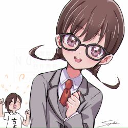  1boy 1girl :d ^_^ black-framed_eyewear braid brown_eyes brown_hair chibi clenched_hands closed_eyes commentary father_and_child father_and_daughter glasses grey_jacket iin_chiyo iin_hiro jacket kimi_no_koto_ga_dai_dai_dai_dai_daisuki_na_100-nin_no_kanojo long_hair long_sleeves looking_at_viewer low_twin_braids necktie ohananomitsu_middle_school_uniform open_mouth parent_and_child red_necktie school_uniform shirt signature simple_background smile solo_focus syuuka617 teeth twin_braids upper_teeth_only watermark white_background white_shirt 
