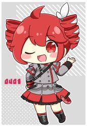  1girl :d ;d ahoge black_boots blush_stickers boots border chibi chibi_only commentary_request diagonal-striped_background double-parted_bangs drill_hair frilled_skirt frills full_body grey_background grey_jacket grey_skirt hair_between_eyes hair_ribbon hand_up highres jacket kasane_teto kasane_teto_(sv) long_sleeves looking_at_viewer nukotun one_eye_closed open_mouth outline pleated_skirt polka_dot polka_dot_background red_eyes red_hair ribbon short_hair skirt smile solo standing striped_background synthesizer_v twin_drills utau white_border white_outline white_ribbon 