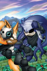 1boy 1girl animal_ears black_boots black_cloak black_gloves boots clenched_hands clenched_teeth cloak closed_eyes comic_cover commentary cover cover_page english_commentary facing_another furry furry_female furry_male gloves holding holding_another's_arm holding_knife knife looking_at_another mask mask_on_head mimic_the_octopus mountain octopus_boy official_art palm_tree ponytail ruins smile sonic_(series) sonic_the_hedgehog_(idw) tail teeth tentacles tree tyler_mcgrath whisper_the_wolf wolf_ears wolf_girl wolf_tail 