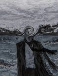  abstract ambiguous_gender black_jacket black_scarf chromatic_aberration covered_eyes facing_viewer highres jacket original outdoors overcast revol4357 scarf shirt solo upper_body water white_shirt 