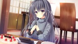  1girl birthday_cake black_eyes black_hair box braid cake chair da_capo da_capo_v desk food frilled_sleeves frills game_asset gift gift_box grey_sweater highres holding holding_pen indoors jewelry kisaragi_yuu_(kisaragiyu) light_smile long_hair long_sleeves non-web_source official_art open_box pen pendant plate side_braid sitting sweater table three-quarter_sleeves tokisaka_yukina visual_novel_cg 