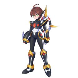  1boy absurdres adapted_costume ahoge alternate_color alternate_costume arm_cannon armor armored_boots body_armor bodysuit boots brown_hair commission commissioner_upload covered_abs covered_navel full_body gauntlets gloves green_eyes halo highres kiauwrenn knee_armor knee_boots male_focus mechanical_ears mechanical_halo mega_man_(series) mega_man_x_(series) mega_man_zero_(series) missing_headwear non-web_source shoulder_armor solo transparent_background weapon x_(mega_man) 