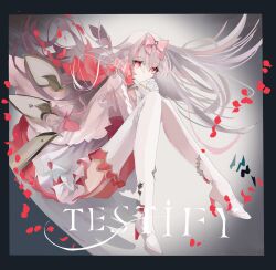  1girl absurdres album_cover album_cover_redraw arcaea bow collar commentary cover derivative_work detached_collar detached_wings dress dress_bow english_commentary flower frilled_dress frilled_sleeves frills full_body garter_belt gloves hair_bow highres hikari_(arcaea) hikari_(fatalis)_(arcaea) interlocked_fingers long_hair long_sleeves looking_at_viewer mechanical_wings nei_0907_art pink_bow pink_flower pink_rose red_eyes rose solo song_name thigh-highs white_collar white_dress white_gloves white_hair white_thighhighs wide_sleeves wings 