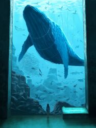  1girl aquarium bird blue_theme caustics commentary_request facing_away fail_whale fish from_behind gensuke_(ryun) highres net original scenery sea_turtle solo standing stingray surreal translation_request turtle very_wide_shot whale 