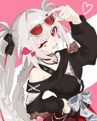  1girl adjusting_eyewear arm_up black_choker black_shirt blunt_bangs bow braid breasts choker commentary cowboy_shot eyewear_on_head facial_mark from_above grin hair_ribbon hand_on_own_hip heart heart_facial_mark highres honkai:_star_rail honkai_(series) jewelry long_hair long_sleeves looking_at_viewer medium_breasts necklace ninapxvnc official_alternate_costume official_alternate_hairstyle pink_eyes red_skirt ribbon shirt sidelocks simple_background single_bare_shoulder skirt smile solo sparkle_(honkai:_star_rail) sparxie_(candy-coated_waves)_(honkai:_star_rail) sparxie_(honkai:_star_rail) standing stuffed_animal stuffed_toy sunglasses teddy_bear twintails two-tone_background two_side_up very_long_hair white_hair 