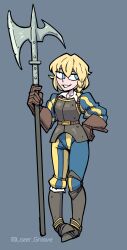  1girl absurdres armor asymmetrical_hair asymmetrical_sidelocks axe battle_axe blonde_hair blue_eyes full_body gloves highres holding holding_axe lazer_groove looking_to_the_side myroslava_bozhuk sidelocks standing tagme vanripper_(style) warhammer_40k weapon 