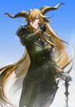  1girl absurdres animal_ear_fluff animal_ears arknights armor bangs black_gloves blonde_hair blood blood_on_face blue_sky cowboy_shot day degenbrecher_(arknights) gloves goat_ears goat_horns green_jacket green_pants hair_between_eyes highres holding holding_weapon horns jacket long_hair long_sleeves looking_at_viewer military military_jacket military_uniform outdoors pants parted_lips qiediguo shoulder_armor sky snowing solo thigh_strap uniform very_long_hair weapon wiping_face yellow_eyes 