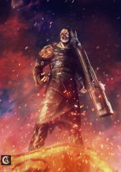  1boy arm_belt artist_name black_gloves caiusaugustus embers exposed_muscle fingerless_gloves fire gloves highres holding holding_rocket_launcher holding_weapon leather monster nemesis_(resident_evil) one-eyed resident_evil resident_evil_3:_nemesis rocket_launcher signature stitched_face stitches torn_skin weapon 