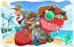  4boys absurdres all_dat_mani alligator_boy alligator_loki animal_ears artist_name beach blue_sky bubble claws clouds collar commentary crocodilian_tail cup dated devil_dinosaur dinosaur_boy dinosaur_tail dorsal_fin drinking_straw drinking_straw_in_mouth english_commentary fangs fangs_out fins fish_tail flip-flops furry furry_male guardians_of_the_galaxy hat heart_pendant highres holding holding_cup holding_water_gun horns jeff_the_land_shark jeff_the_land_shark_(sunshine_land_shark) loki_(marvel) looking_at_viewer looking_to_the_side male_focus marvel marvel_rivals moon_girl_and_devil_dinosaur multiple_boys ocean open_mouth palm_tree raccoon_boy raccoon_ears raccoon_tail rocket_raccoon rocket_raccoon_(sunshine_raccoon) round_eyewear sand sandals shark_fin shark_tail shore sky sparkle straw_hat sunglasses tail tree water_gun whiskers 