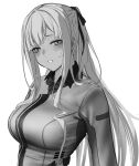 1girl 3_small_spiders ak-12_(girls&#039;_frontline) bangs blush braid breasts french_braid girls_frontline highres jacket large_breasts long_hair long_sleeves looking_at_viewer open_mouth ribbon sidelocks simple_background solo squinting white_background 