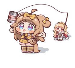  2girls :3 :d :p apron ball_hands blonde_hair blue_eyes blush_stickers bow bow_hairband brown_hair butter_(trickcal) can cape chibi chibi_only closed_mouth commentary_request crown ear_bow erpin_(trickcal) fishing_rod full_body hairband holding holding_fishing_rod long_hair multicolored_eyes multiple_girls open_mouth outstretched_arms peso_(pesomeren) pink_shoes pink_shorts red_cape red_eyes shirt shoes short_sleeves shorts simple_background smile spread_arms standing striped_clothes striped_thighhighs thigh-highs tongue tongue_out trickcal two-tone_eyes violet_eyes white_background white_shirt yellow_apron yellow_bow yellow_hairband 