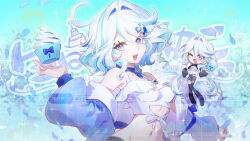  1girl ahoge alternate_costume bare_shoulders blue_eyes blue_jacket blue_pupils blue_streaks chibi chibi_inset chinese_commentary commentary_request crop_top cupcake drop-shaped_pupils food furina_(genshin_impact) genshin_impact hair_intakes heterochromia highres jacket long_hair long_sleeves looking_at_viewer midriff mismatched_pupils multicolored_hair navel open_clothes open_jacket shirt short_hair sleeveless sleeveless_shirt streaked_hair symbol-shaped_pupils syzygy upper_body white_hair white_shirt 