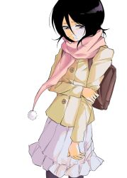  1girl bag black_hair bleach brown_bag buttons closed_mouth eyelashes hair_between_eyes hand_on_own_arm highres jacket jjeomi1010 kuchiki_rukia long_sleeves pink_scarf sad scarf short_hair solo violet_eyes white_background winter_clothes yellow_jacket 