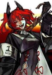  1girl alternate_costume armband artist_request black_bodysuit black_coat black_gloves bodysuit coat commentary commission english_commentary exo_dus404 gloves headpiece holding holding_rope laughing looking_at_viewer noose onozuka_komachi red_eyes red_hair rope second-party_source short_twintails touhou twintails white_armband wide_sleeves 