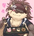  1boy animal_ears annotated chest_tuft colored_sclera commentary_request dog_boy dog_ears fang food furry furry_male hair_over_one_eye headband heart high_ponytail highres holding holding_food incoming_food japanese_clothes long_hair male_focus moritaka_(housamo) pink_background red_sclera scar scar_on_face shino_(housamo) signature smile solo summon_lw tadatomo_(housamo) tanetomo_(housamo) tokyo_afterschool_summoners upper_body wagashi yasuyori_(housamo) 