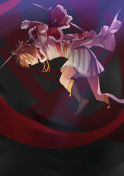  1girl absurdres aiguillette bad_id bad_pixiv_id belt bent_over black_boots blonde_hair boots closed_mouth commentary daiba_nana dual_wielding fighting_stance foot_out_of_frame from_side full_body fur-trimmed_jacket fur_trim green_eyes green_ribbon grey_skirt hair_ribbon highres holding holding_sword holding_weapon indoors jacket jacket_on_shoulders katana long_sleeves looking_ahead looking_down midair outstretched_arms pleated_skirt profile red_jacket red_ribbon red_sash ribbon sash short_hair shoujo_kageki_revue_starlight single_horizontal_stripe skirt solo spread_arms striped_clothes striped_skirt sword two_side_up underlighting v-shaped_eyebrows waist_cape walluka weapon white_jacket wide-eyed yellow_belt yellow_trim 