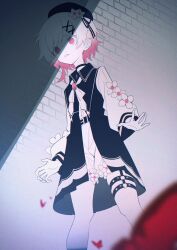  1girl absurdres asagisui belt beret black_choker black_coat black_hat bug butterfly choker coat collared_coat commentary cowboy_shot flower flower-trimmed_shorts flower-trimmed_sleeves gradient_hair hair_flower hair_ornament hat hat_flower hat_ribbon highres long_sleeves mahou_shoujo_no_majo_saiban multicolored_hair neck_ribbon o-ring o-ring_thigh_strap pants pink_eyes pink_hair red_butterfly ribbon sakuraba_ema shirt short_hair shorts sleeveless sleeveless_coat solo thigh_strap untranslatable_commentary white_background white_flower white_hair white_pants white_ribbon white_shirt white_shorts white_sleeves x_hair_ornament 